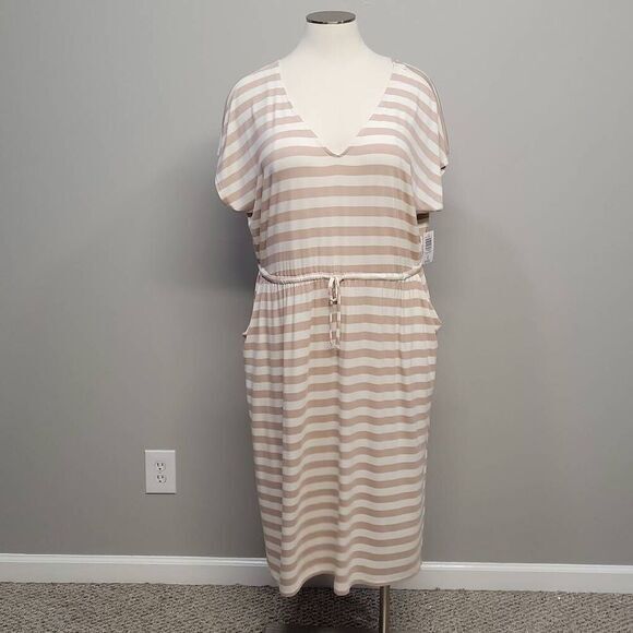 Torrid Super Soft Dress 4X Midi Cream Tan Stripe Dolman Sleeve Pocket Drawstring - Picture 1 of 12